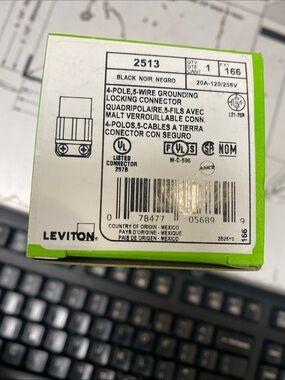 Leviton 2513 Black 4-Pole 5-Wire Grounding Locking Connector - 20A